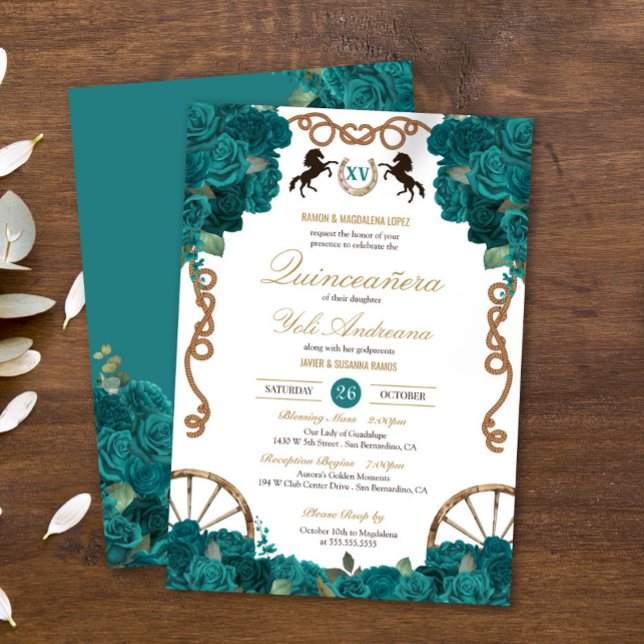 Teal Blue Green Rose Country Western Quinceanera Invitation (Creator Uploaded)