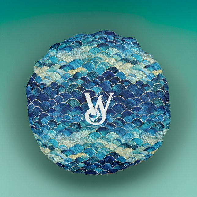 Teal Blue Green Sea Waves Mermaid Scales Monogram Round Cushion (Creator Uploaded)