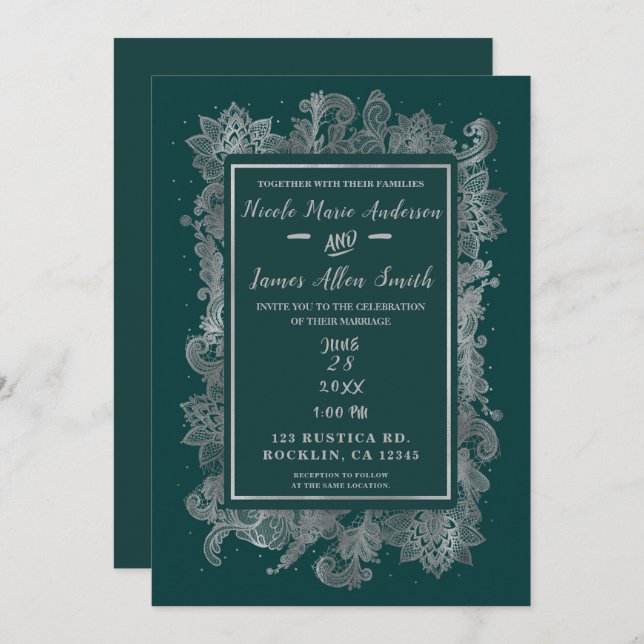 Teal Blue Green & Silver Elegant Floral Wedding Invitation (Front/Back)