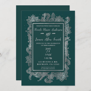 Teal Blue Green & Silver Elegant Floral Wedding Invitation