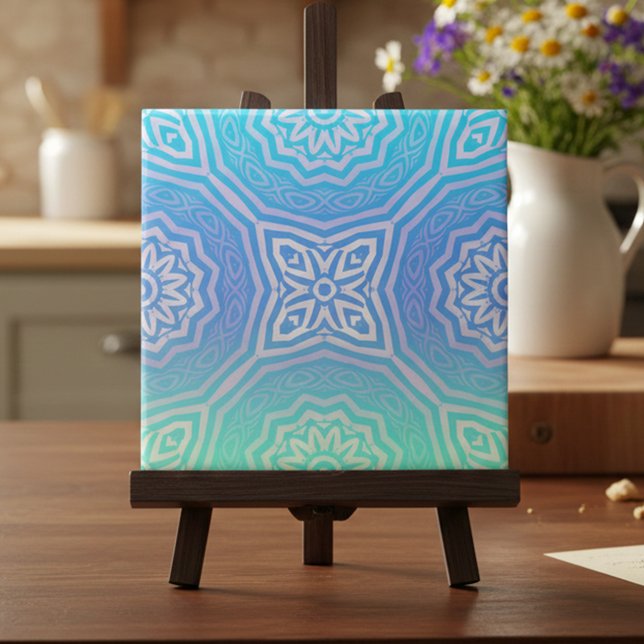 Teal Blue Green Silver Ombre Arabesque Geometric  Ceramic Tile (Creator Uploaded)