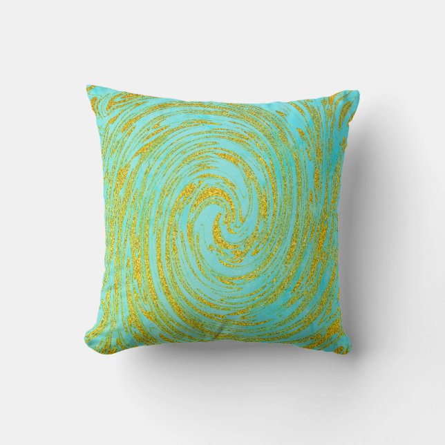 Teal Blue Green Swirl Abstract Gold Golden Glitter Cushion (Front)