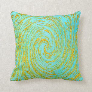 Teal Blue Green Swirl Abstract Gold Golden Glitter Cushion