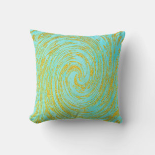 Teal Blue Green Swirl Abstract Gold Golden Glitter Cushion
