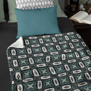 Teal Blue Green Taupe Brown Bohemian Tribe Art Fleece Blanket