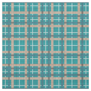 Teal Blue Green Taupe Brown Tartan Squares Pattern Fabric