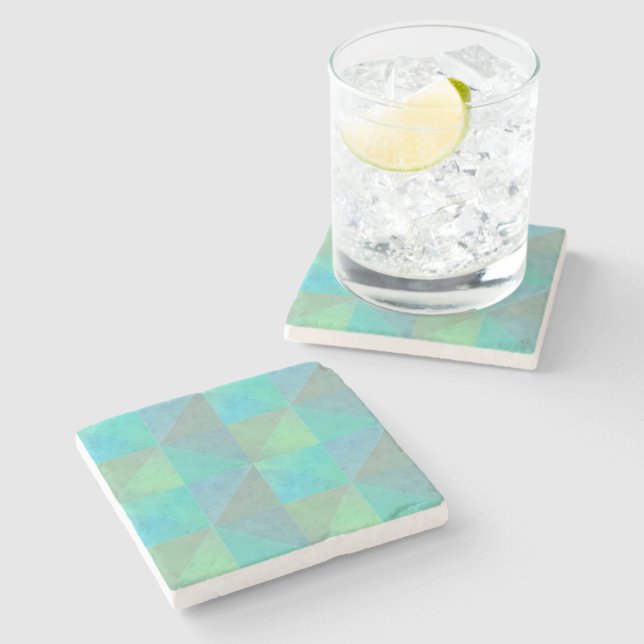 Teal Blue Green Triangles Geometric Art Pattern Stone Coaster (Side)