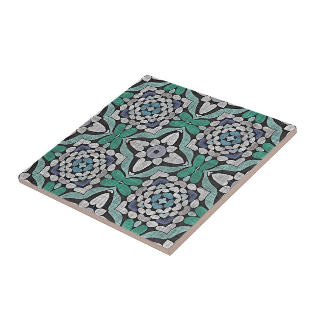 Teal Blue Green Turquoise Floral Ethnic Tribe Art Tile (Side)