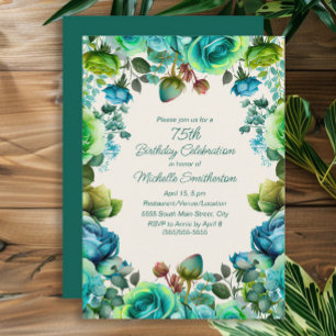 Teal Blue Green Watercolor Floral 75th Birthday Invitation