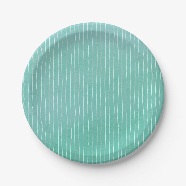 Teal Blue Green Watercolor with White Stripes Paper Plate (Front)