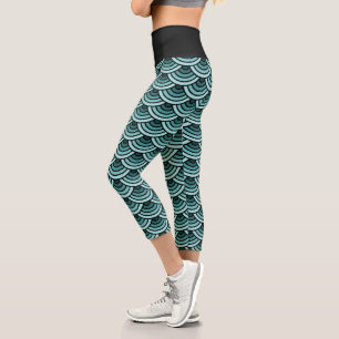 Teal Blue Green Wave Circles Art Pattern Capri Leggings