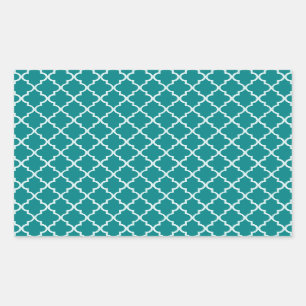 Teal Blue-Green White Moroccan Quatrefoil Pattern Rectangular Sticker