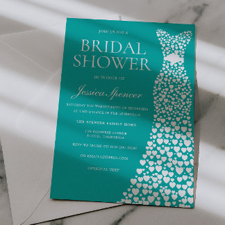 Teal Blue Green White Wedding Dress Bridal Shower Invitation