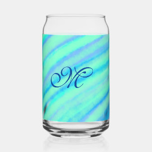 Teal blue greenwatercolor lines add your monogram  can glass
