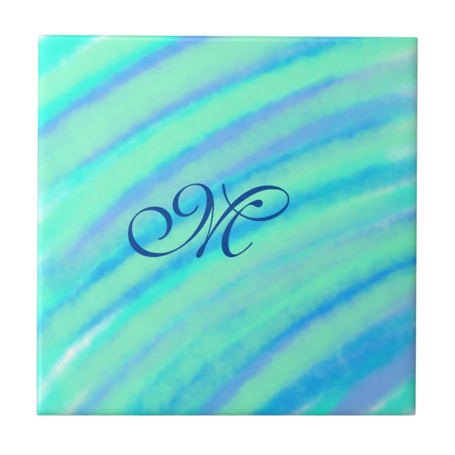 Teal blue greenwatercolor lines add your monogram  ceramic tile (Front)