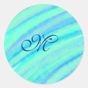 Teal blue greenwatercolor lines add your monogram classic round sticker