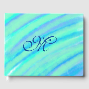 Teal blue greenwatercolor lines add your monogram guest book