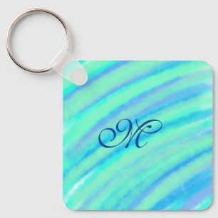 Teal blue greenwatercolor lines add your monogram  key ring