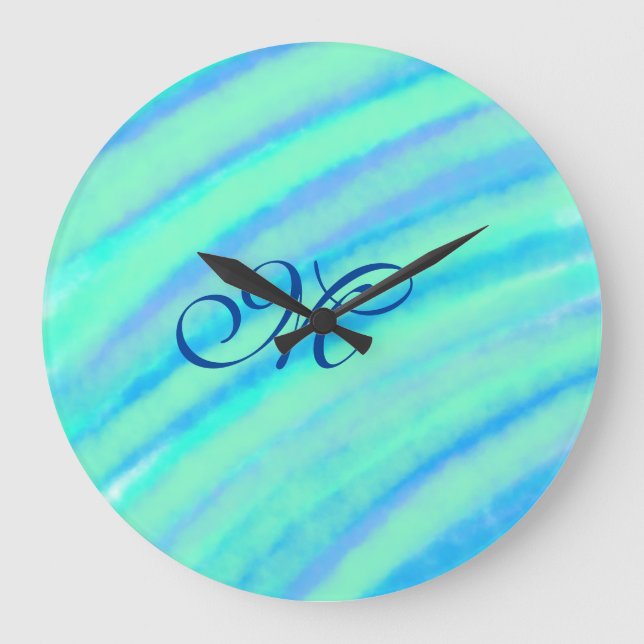 Teal blue greenwatercolor lines add your monogram  large clock (Front)