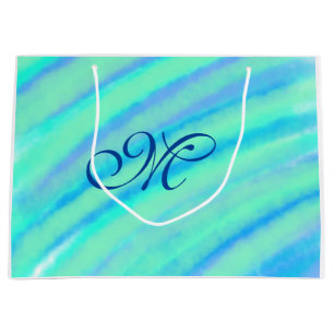 Teal blue greenwatercolor lines add your monogram large gift bag