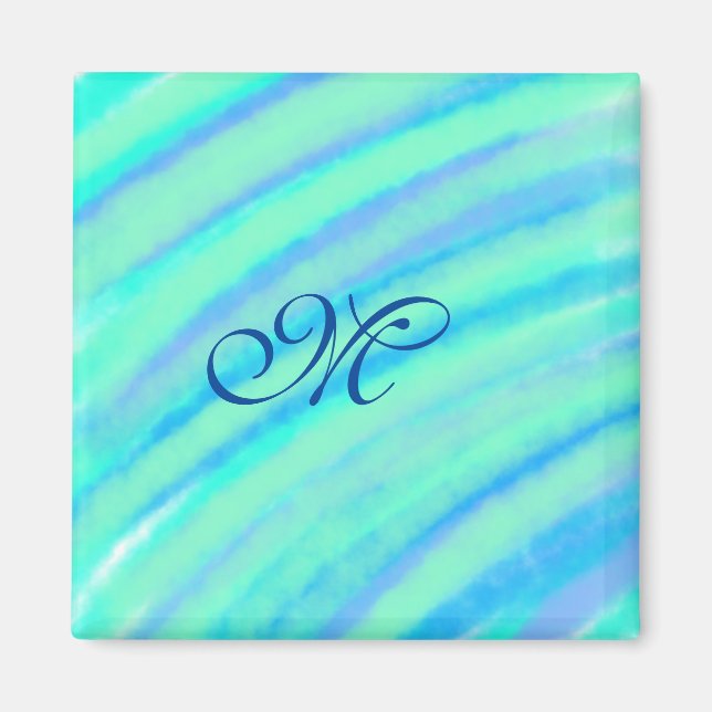 Teal blue greenwatercolor lines add your monogram  magnet (Front)