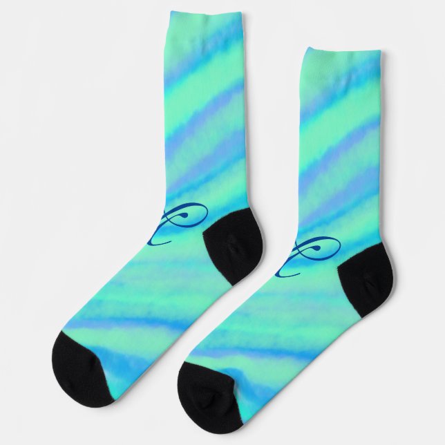 Teal blue greenwatercolor lines add your monogram  socks (Left)