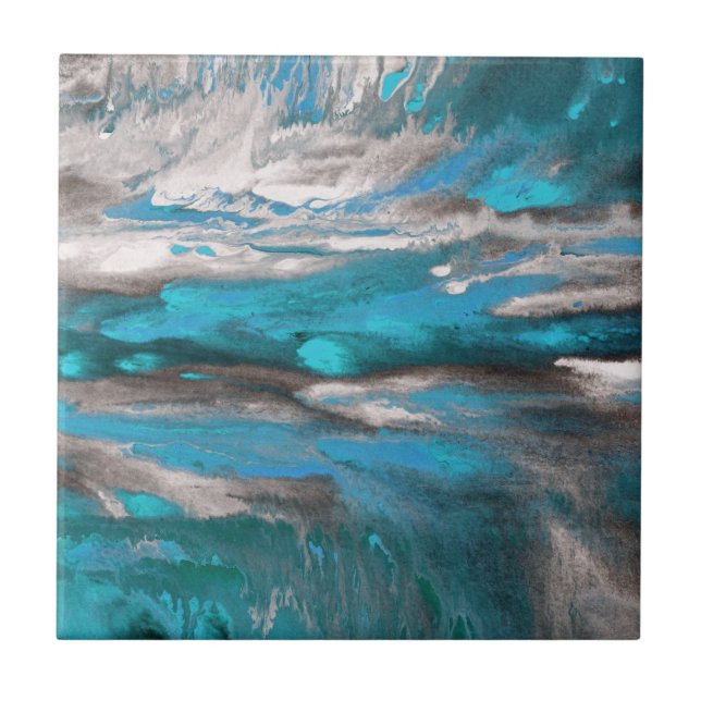 Teal Blue Grey Abstract  Ceramic Tile (Front)