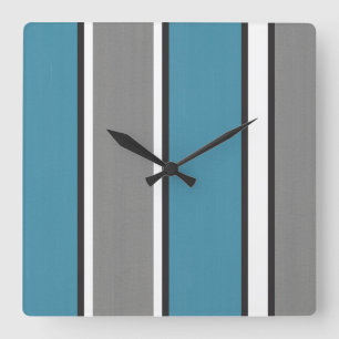 Teal Blue Grey and White Striped Modern Square Wall Clock