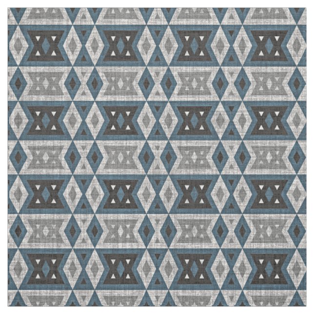 Teal Blue Grey Black Eclectic Ethnic Look Fabric (Swatch)