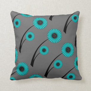 Teal Blue Grey Black Floral Flowers Cushion