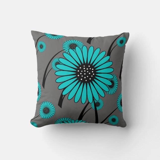 Teal Blue Grey Black Floral Flowers Cushion (Front)