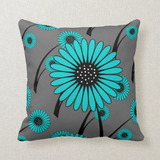 Teal Blue Grey Black Floral Flowers Cushion