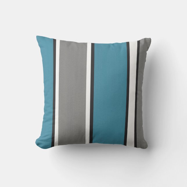 Teal Blue grey Black White Striped Modern Cushion (Front)