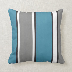 Teal Blue grey Black White Striped Modern Cushion
