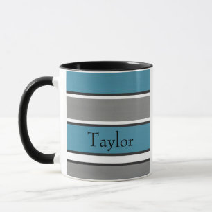 Teal Blue Grey Black White Stripes Modern Mug