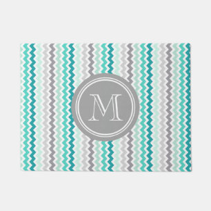 Teal Blue Grey Chevron Grey Monogram Doormat