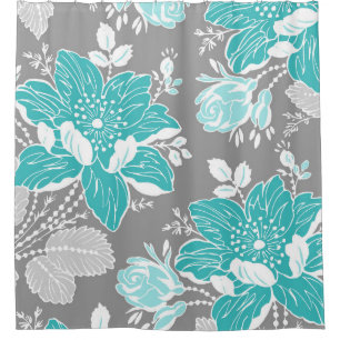Teal Blue Grey Flowers Pattern Shower Curtain