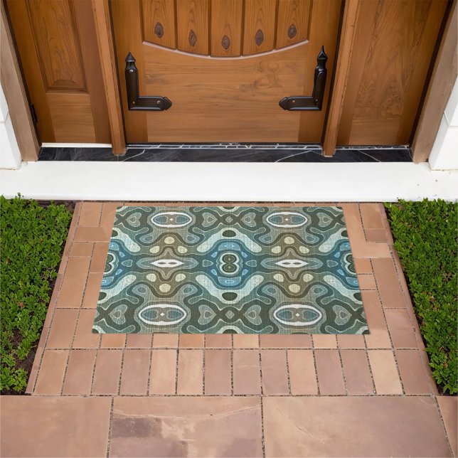 Teal Blue Grey Green Brown Taupe Orient Tribal Art Doormat (Outdoor)