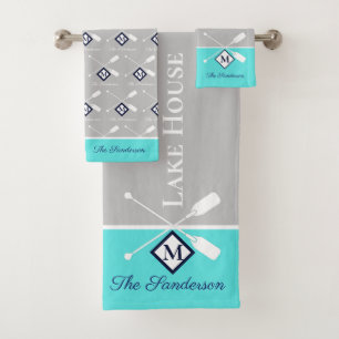  Teal Blue Grey Monogram Lake House Nautical  Bath Towel Set