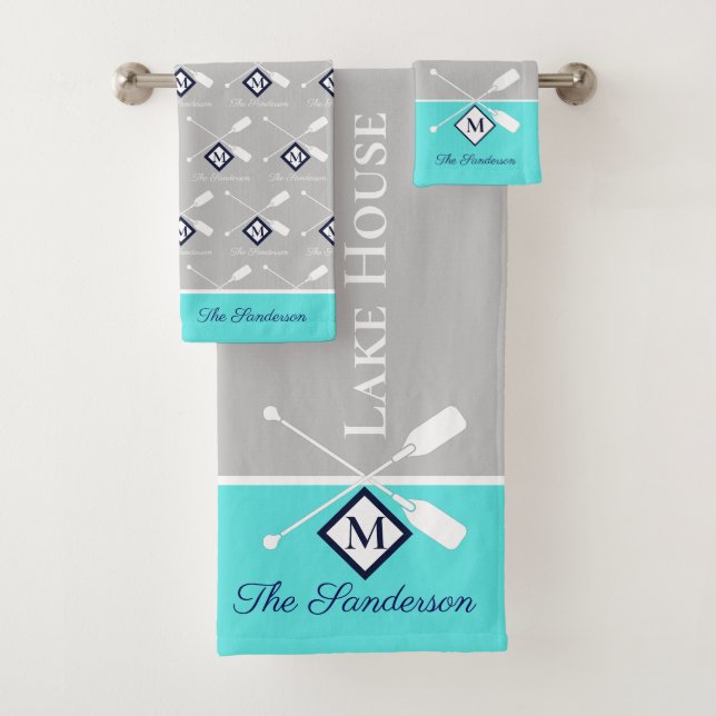  Teal Blue Grey Monogram Lake House Nautical  Bath Towel Set (Insitu)
