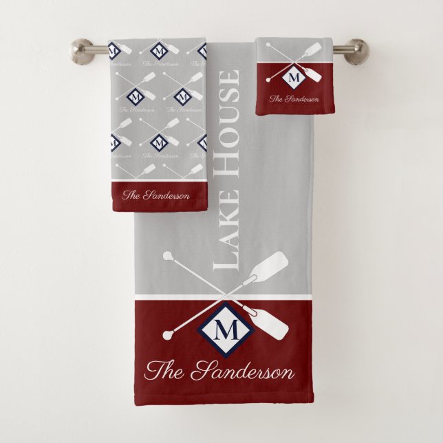  Teal Blue Grey Monogram Lake House Nautical  Bath Towel Set (Insitu)