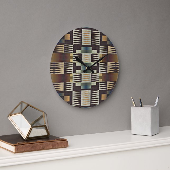 Teal Blue Grey Tan Taupe Brown Tribal Art Pattern Large Clock (Office)