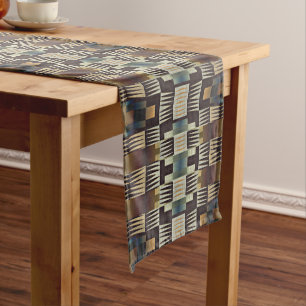 Teal Blue Grey Tan Taupe Brown Tribal Art Pattern Medium Table Runner
