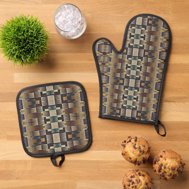 Teal Blue Grey Tan Taupe Brown Tribal Art Pattern Oven Mitt & Pot Holder Set (Top Down)