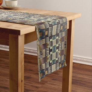 Teal Blue Grey Tan Taupe Brown Tribal Art Pattern Short Table Runner