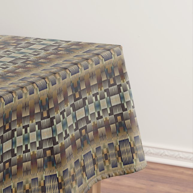 Teal Blue Grey Tan Taupe Brown Tribal Art Pattern Tablecloth (In Situ)