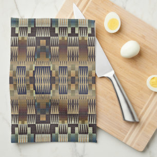 Teal Blue Grey Tan Taupe Brown Tribal Art Pattern Tea Towel
