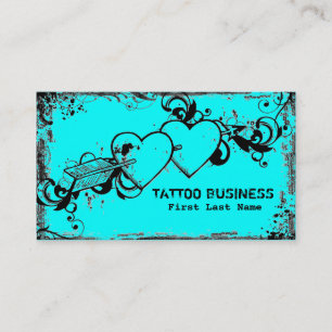Teal blue grunge hearts tattoo business cards