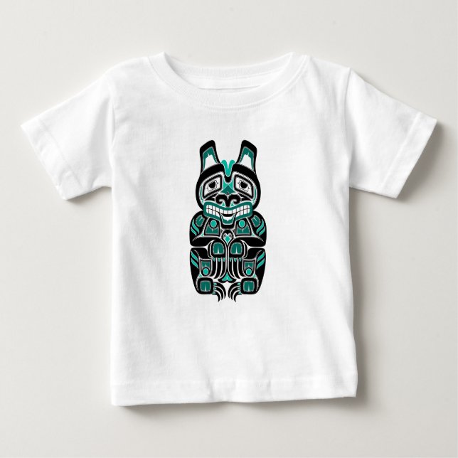 Teal Blue Haida Spirit Bear on Black Baby T-Shirt (Front)