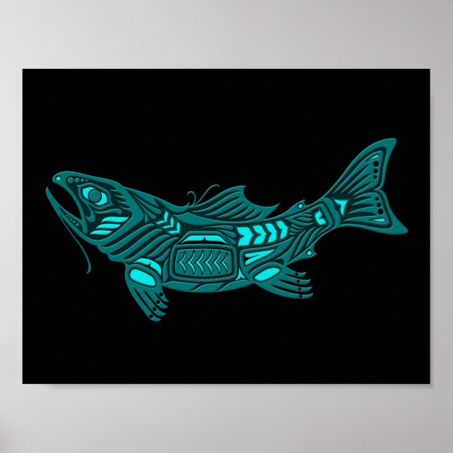 Teal Blue Haida Spirit Fish on Black Poster (Front)